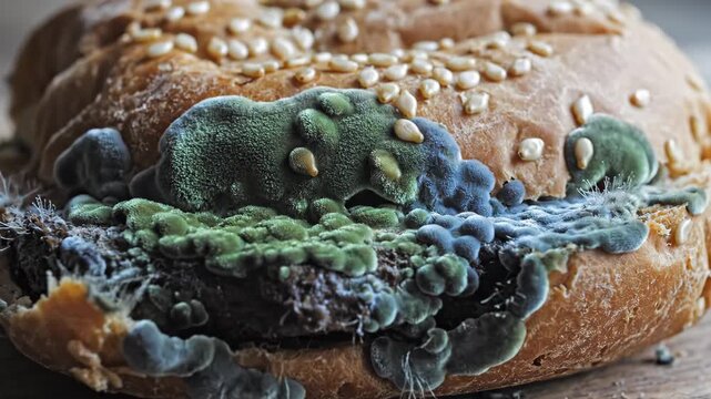 Macro zoom on moldy sesame bread roll.