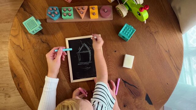 Mother and toddler drawing with crayons on blackboard, overhead view of family art activity