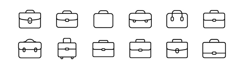 Set of twelve simple line briefcase icons in black and white