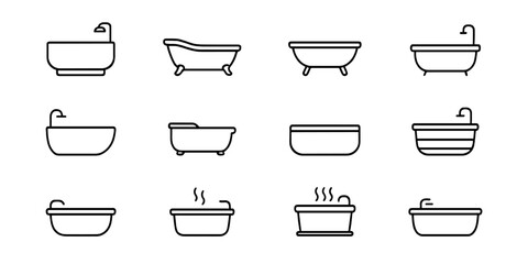 Set of twelve line icons of different bathtub designs