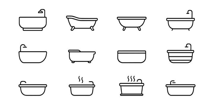 Set of twelve line icons of different bathtub designs