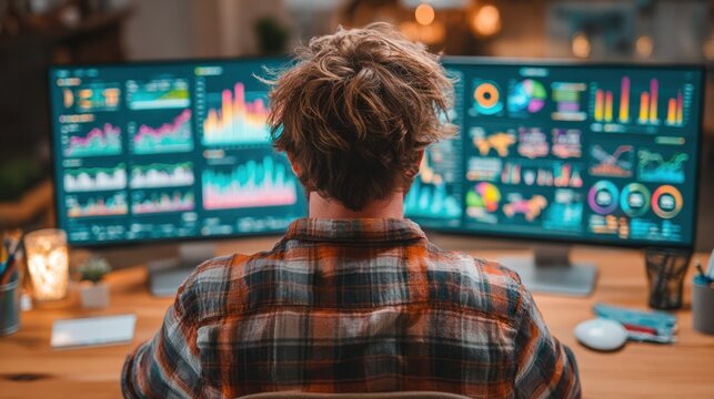 Data Analysis Workstation: A focused individual intently analyzes complex data visualizations on expansive dual monitors, highlighting technological prowess.