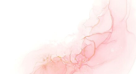 Fototapeta premium Soft flowing abstract watercolor ink wash with delicate pink and gold hues on a clean white background