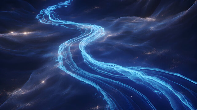 Luminous electric blue river flowing through cosmic nebula with distant stars and light trails