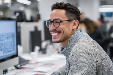 A happy and successful young Latino male software engineer works confidently at his desk, looking forward with a smile as he interacts with his computer in a modern office environment.