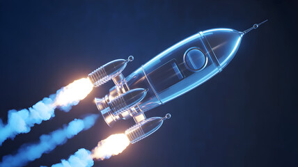 Stylized translucent blue glass rocket ascending with fiery exhaust trails in deep space