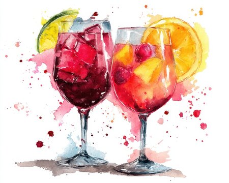 Fuit Sangria: Watercolor Illustration of Wine Cocktail with Splashes on White Background