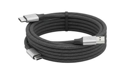 Coiled USB-C cable on transparent background