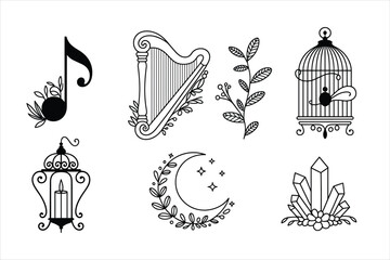Harp Birdcage Vector Illustration Graphic Decorative Branch Leaf Ornament