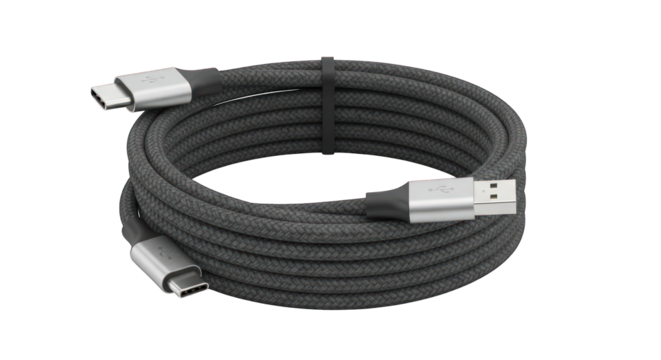 Coiled USB-C cable on transparent background