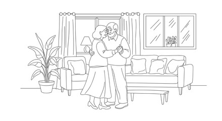 Senior couple dancing together in living room, celebrating love and companionship