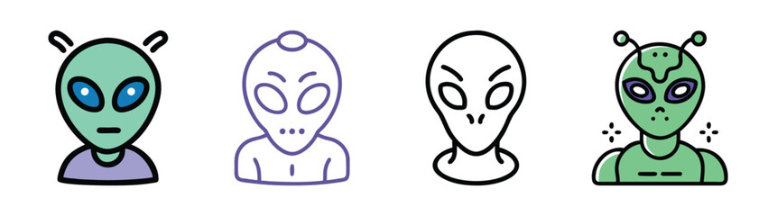 Four different alien head icons with various styles and color schemes