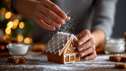 Close-up of hands decorating gingerbread house, candy roof tiles, powdered sugar snow, Christmas, gingerbread house, DIY, sweets, craft, family, holiday, fun, dessert, with copy sp