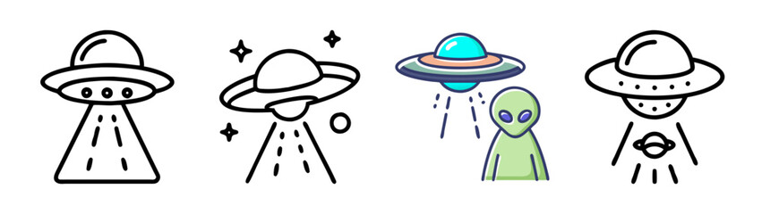 Four cute ufos and aliens illustrations for your cosmic designs © Rajib