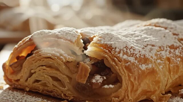 Close up of flaky apple strudel pastry dusted with powdered sugar.