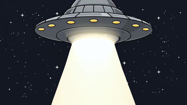 A cartoon-style flying saucer illuminates the dark night sky with a bright beam of light