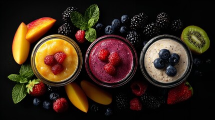 A great set of colored fruit smoothies with yogurt and fresh ingredients