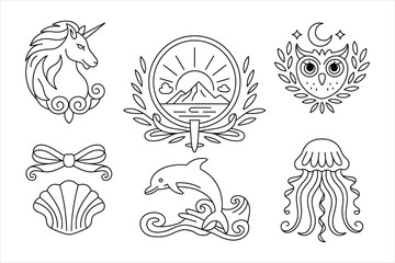 Unicorn Owl Dolphin Landscape Jellyfish Seashell Vector Illustration Elements