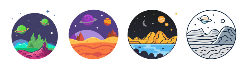 Four circular alien landscapes surreal cosmic worlds imagined worlds diverse scifi visions