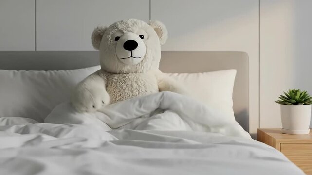 Stuffed polar bear toy sleeping soundly under a blanket in a bedroom. Cozy home interior design for comfort and relaxation footage.