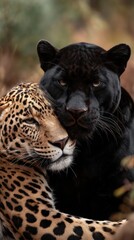 Black panther and leopard resting together in natural habitat symbolizing unity contrast and wildlife conservation storytelling