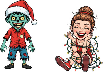 Funny zombie Santa boy smiling beside laughing girl wrapped in colorful Christmas string lights cartoon festive holiday illustration scene
