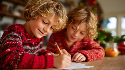 Kids writing letters to Santa at the kitchen table, crayons and stickers, hopeful faces, Christmas, letter to Santa, kids, tradition, holiday, writing, wish list, magic, with copy 
