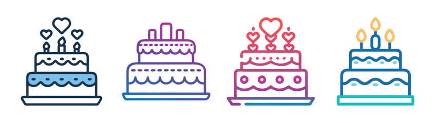 Set of four stylized anniversary cake icons with hearts and candles