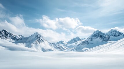 Obraz premium A serene winter landscape featuring snow-covered mountains under a clear blue sky with fluffy clouds, creating a tranquil and picturesque scene.