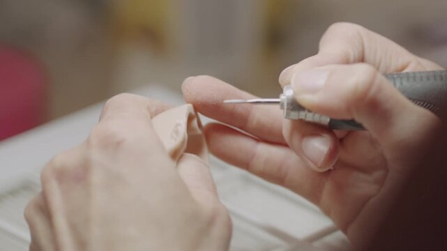 Closeup of artist using handheld rotary tool to carve ear details on silicone doll head, focusing on precision and realism in doll sculpting process