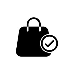 Shopping bag icon with checkmark in black, blue, and outline styles, representing added to cart or purchase confirmation