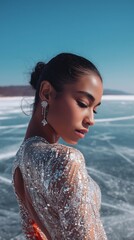 Woman in shimmering dress standing on frozen lake, winter fashion portrait symbolizing strength, elegance and resilience for editorial, beauty and lifestyle use