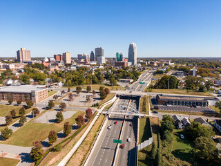 Sunny Daytime Drone Images of Downtown Winston Salem, The Skyline, and Surrounding Areas