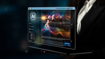 AI platform generating art images with dynamic interface. AI-generated content appears in image gallery artificial intelligence view. Genrative AI loading multiple image from AI design engine. Spline