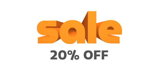 sale 20% off, orange 3d letters on white background, 3d rendering