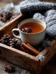 Warm winter tea with cinnamon sticks and pinecones in a rustic wooden tray, cozy seasonal still life for Christmas, holiday mood, hygge lifestyle, comforting hot drink scene with soft textures and war