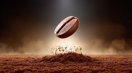 A close-up image of a coffee bean hovering above ground coffee, with a dramatic light effect creating a striking visual contrast.