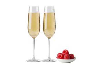 Two elegant, slender crystal champagne flutes with effervescent golden champagne, delicate white dish of vibrant red raspberries, isolated on transparent, high-angle view, concept for luxury