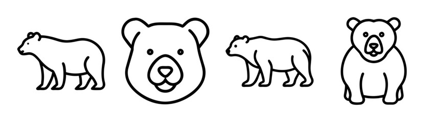 Set of four stylized line art bear graphics for design