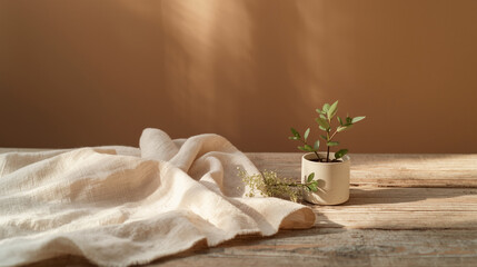 Serene Natural Spa Still Life with White Ceramic Pot Green Plant Linen Cloth on Rustic Wood Table - Organic Skincare Beauty Product Mockup Background Warm Neutral Aesthetic
