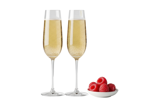 Two elegant, slender crystal champagne flutes with effervescent golden champagne, delicate white dish of vibrant red raspberries, isolated on transparent, high-angle view, concept for luxury
