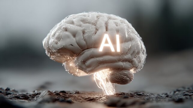 Digital Brain: A stylized brain with 'AI' illuminated against a backdrop, symbolizing the intersection of technology and the human mind. The fusion of intellect and artificial intelligence. 