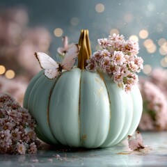 Mint green decorative pumpkin with pastel flowers and butterflies, dreamy soft aesthetic for fall decor, wedding inspiration, romantic autumn styling, magical seasonal still life with elegant details