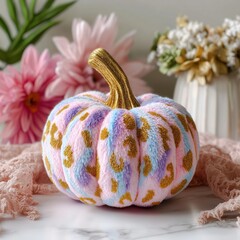 Pastel decorative pumpkin with gold accents surrounded by soft florals &mdash; perfect for autumn d&eacute;cor promotions, lifestyle blogs, and seasonal graphics