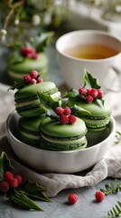 Festive green holiday macarons decorated with holly and berries, styled for Christmas baking, winter desserts, and seasonal food imagery