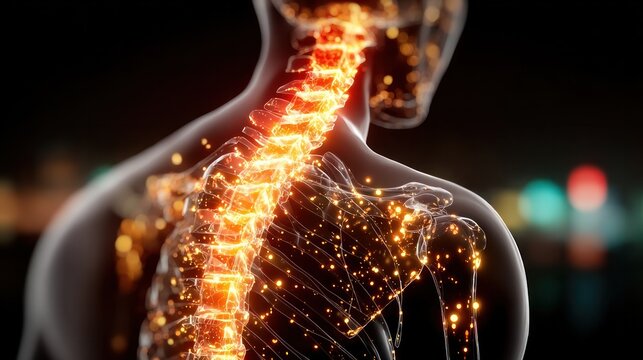 Anatomy of the Human Spine: An illuminating view into the intricate network of the human spine, highlighting its structure and the complex connections that keep us upright and moving.