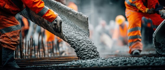 The Concrete Workers Pouring Fresh Slab on a Busy Construction Site