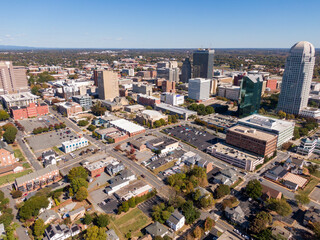 Sunny Daytime Drone Images of Downtown Winston Salem, The Skyline, and Surrounding Areas