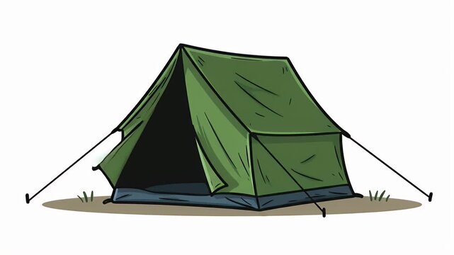 A cartoon style camping tent, green fabric, black outlines, standing on brown ground, white background
