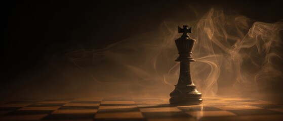 The King Chess Piece Standing Alone on Smoky Chessboard at Night